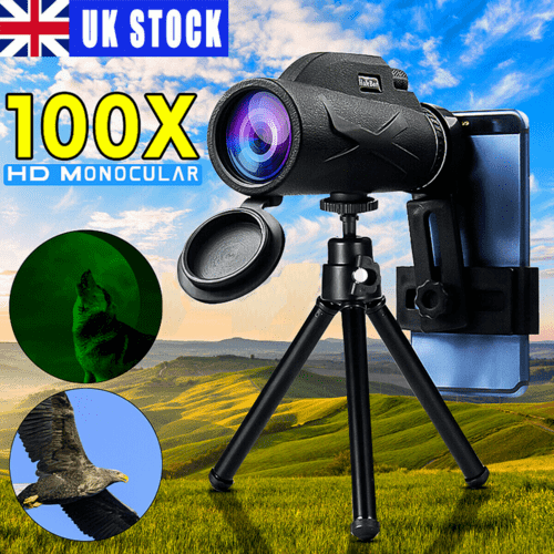 80X100 HD Zoom Tripod Monocular Telescope Day/Night Vision Camping Phone Clip UK