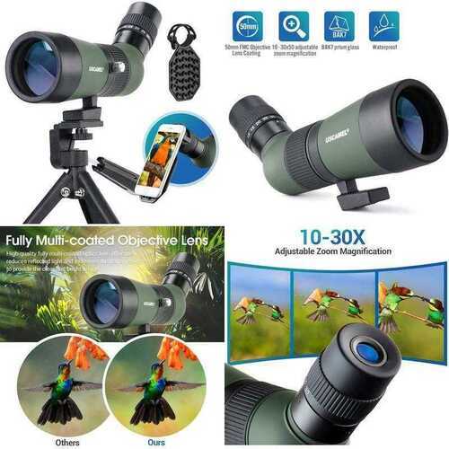 USCAMEL 10-30x50mm Zoom Spotting Scope with Tripod and Cellphone Camera Adapter,