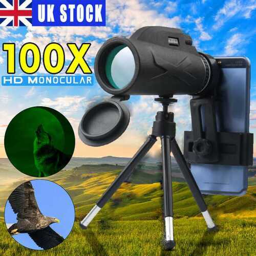 80X100 HD Zoom Tripod Monocular Telescope Day/Night Vision Camping Phone Clip