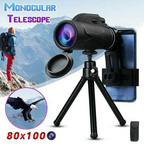 80X100 HD Zoom Monocular Telescope Night Vision Camping with Phone Clip Tripod