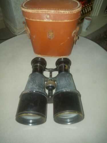 Ww1  Vintage Binoculars In Hand Sewn Brown Leather Case