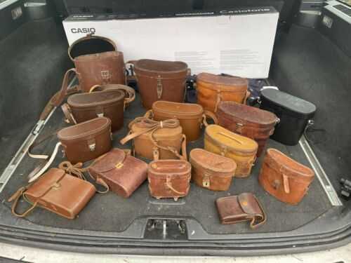 16 X Vintage Leather Binocular Cases Various Sizes