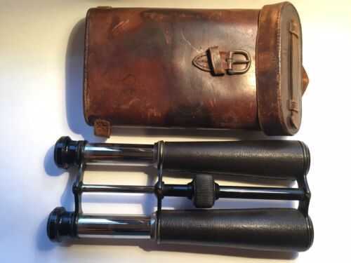 Antique Twin Telescope Brass Field Glasses Binoculars With Leather Case