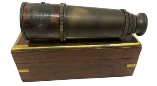 DOLLOND LONDON BRASS MARITIME VINTAGE TELESCOPE WITH ANTIQUE FINISH and WOODEN BOX