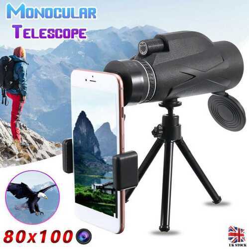 80X100 HD Zoom Tripod Monocular Telescope Night Vision Camping with Phone Clip