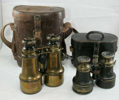 Pair Vintage Brass Binoculars With Cases