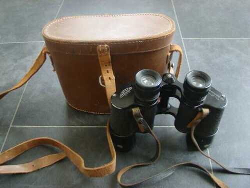 VINTAGE NEWBOLD and BULFORD LTD ENBEECO 10 x 35 FIELD BINOCULARS + LEATHER CASE