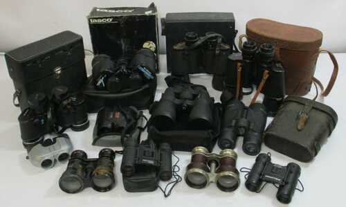 Job Lot 12 Assorted Binoculars Barska Carl Wetzlar Harmsen Prakktica Prinz Tasco