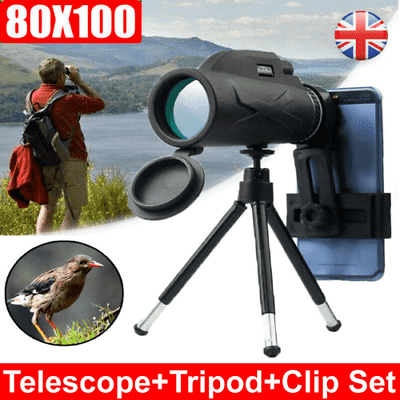 80X100 HD Zoom Tripod Monocular Telescope Professional Night Vision Phone Clip