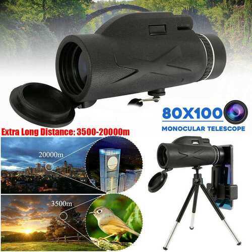 80X100 HD Zoom Tripod Monocular Telescope Day/Night Vision Camping Phone Clip