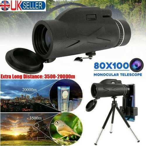 80X100 HD Zoom Tripod Monocular Telescope Day/Night Vision Camping Phone Clip