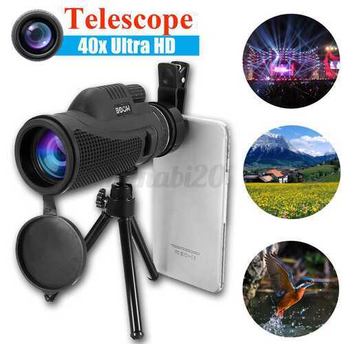 2020 BAK4 40X Zoom HD Lens Prism Hiking Monocular Telescope Phone Clip Tripod