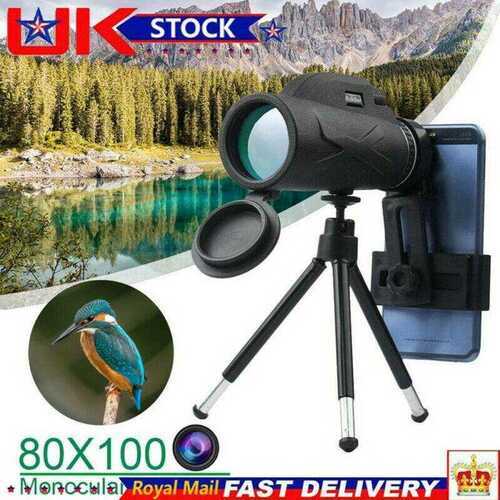 80X100 HD Zoom Monocular Telescope Night Vision Camping + Phone Clip Tripod UK