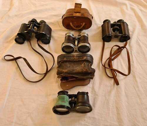 Antique Binoculars Set of 4 Pairs with 2 Cases, Vintage 20th Century