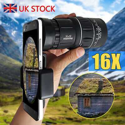 UK 16x52 HD Monocular Optics Zoom Telescope Lens Camera Phone Holder Universal