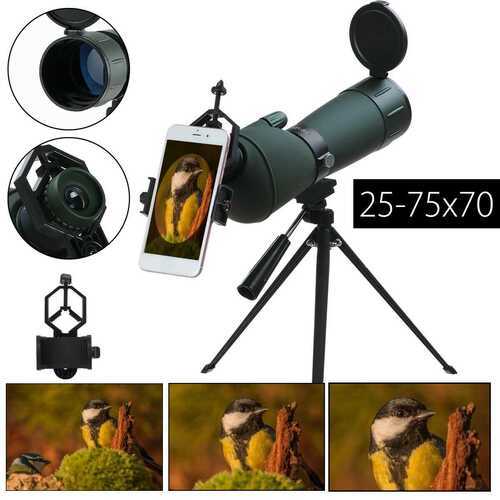 Portable 25-75x70 Zoom Spotting Scope Monocular Telescope w/ Tripod + Phone Clip