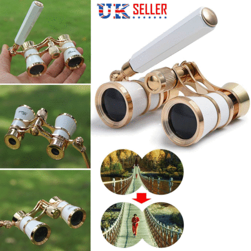 3x25 Opera/Theater Glasses Brass Binoculars Coated Optic Lens W/ Handle White UK