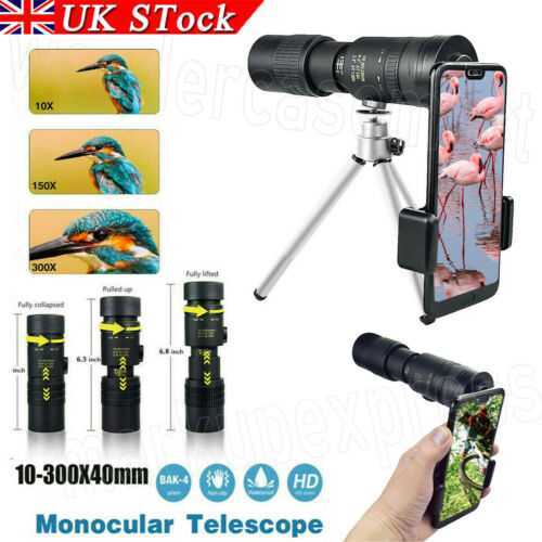 4K 10-300X40mm Super Telephoto Zoom Monocular Telescope Tripod and Clip Optional