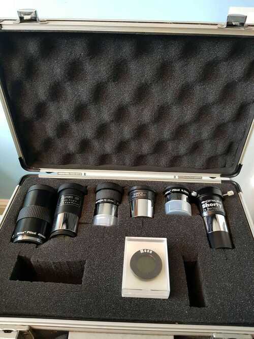 Telescope lenses in storage case - Sirius, Plossl, Orion, Super 25, Moon filter