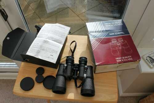 MARK SCHEFFEL 20 X 50 ZWCF BINOCULARS. COMPLETE. 4 EYE CUPS. CASE. CARD BOX