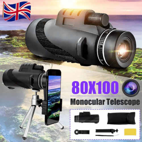 80X100 HD Zoom Tripod Monocular Telescope Day/Night Vision Campings Phone Clip