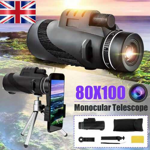 80X100HD Zoom Tripod Monocular Telescope Day/Night Vision Campings Phone Clip UK